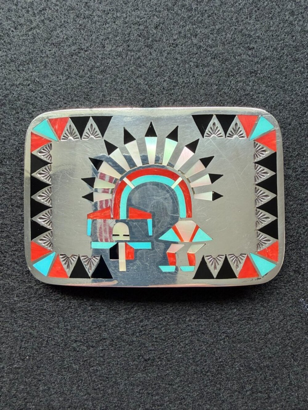 Vintage Zuni F L Natachu Sterling Silver Rainbow Man Belt Buckle